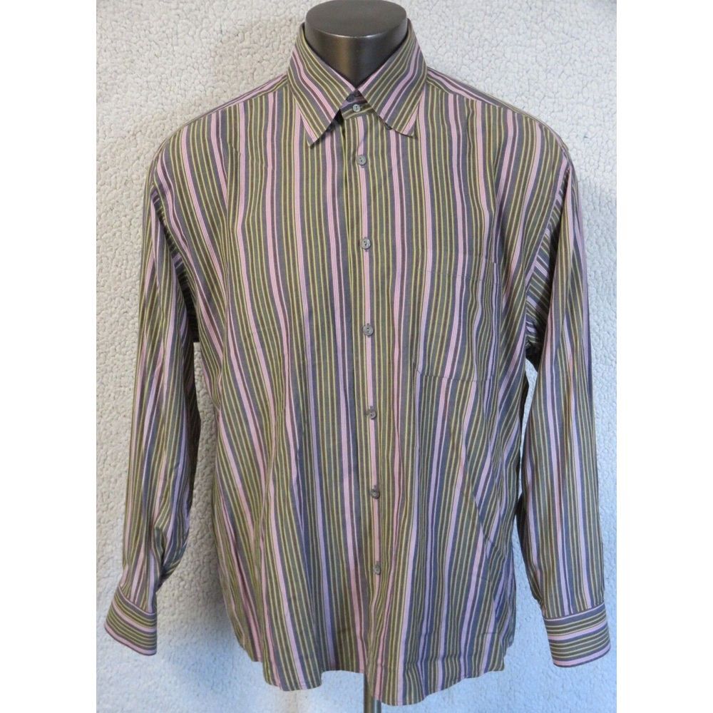 Mens Bugatchi Uomo Long Sleeve Button Front Shirt Size XL Striped Purple Gold